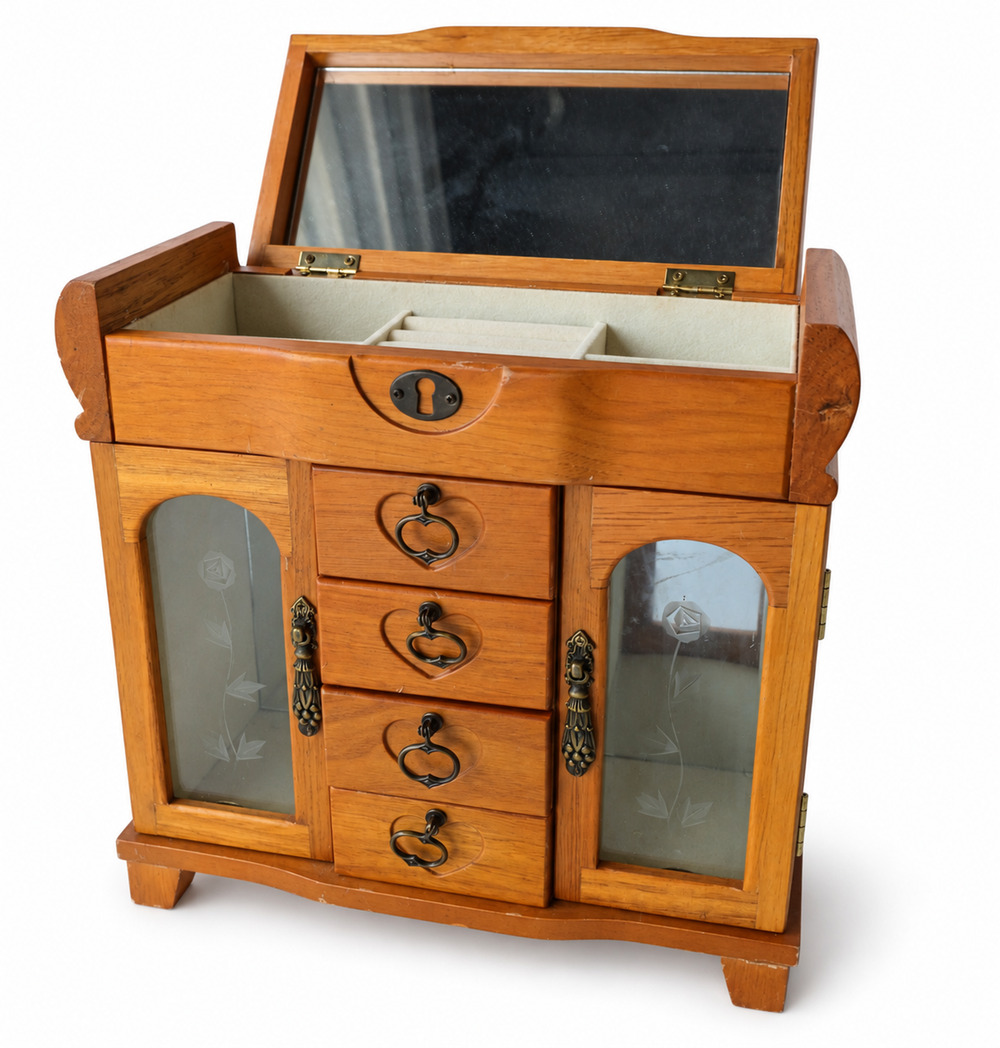 Wood Jewelry Armoire Box Mirror Drawers Side Doors Vintage Style 15"